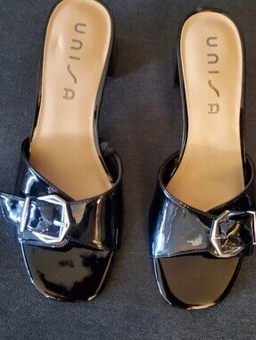Unisa Black Patent Slide Mules with Block Heel And Buckle Accent